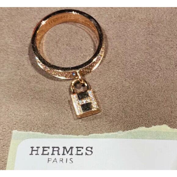 Hermes Kelly Clochette Ring Lock Medium Model Rose Gold 18K Diamonds Siz 54 Rare - Picture 2 of 13